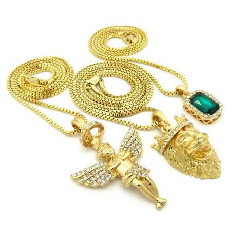 Nyfashion101 Faux Emerald Stone Halo Angel & King Lion Pendant Set W/ Multi Length Box Chains In Gold-Tone