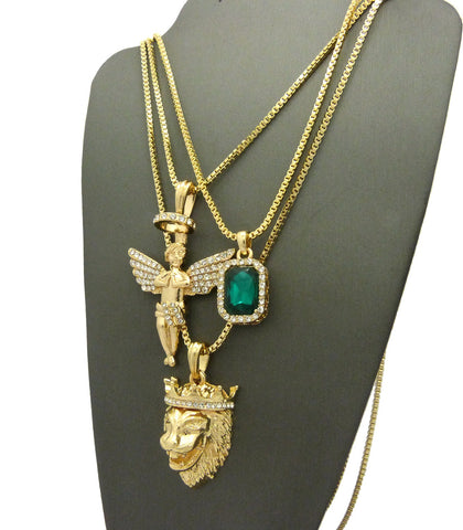 Nyfashion101 Faux Emerald Stone Halo Angel & King Lion Pendant Set W/ Multi Length Box Chains In Gold-Tone