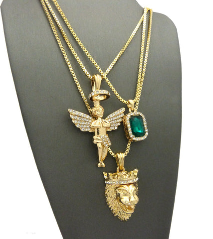 Nyfashion101 Faux Emerald Stone Halo Angel & King Lion Pendant Set W/ Multi Length Box Chains In Gold-Tone