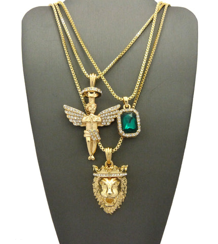 nyfashion101 Faux Emerald Stone Halo Angel & King Lion Pendant Set w/ Multi Length Box Chains in Gold-Tone