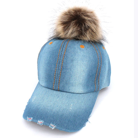 Nyfashion101 Faux Fur Pom Pom Vintage Denim-Feel Adjustable Baseball Cap Hat