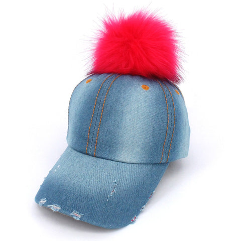 Nyfashion101 Faux Fur Pom Pom Vintage Denim-Feel Adjustable Baseball Cap Hat