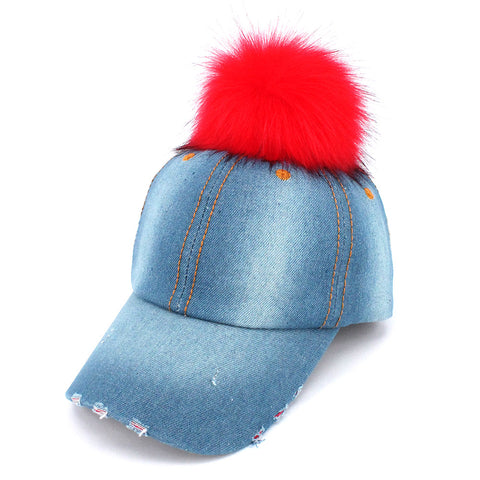 Nyfashion101 Faux Fur Pom Pom Vintage Denim-Feel Adjustable Baseball Cap Hat