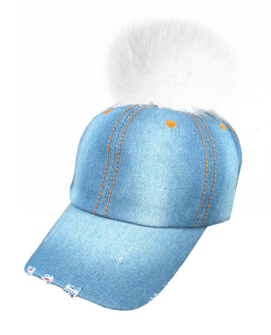 nyfashion101 Faux Fur Pom Pom Vintage Denim-Feel Adjustable Baseball Cap Hat