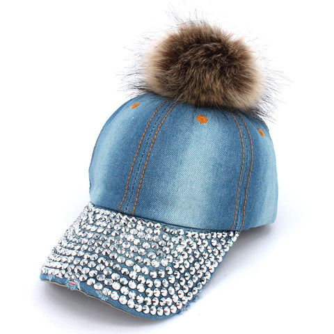 Nyfashion101 Faux Fur Pom Pom Vintage Rhinestone Bill Adjustable Baseball Cap Hat