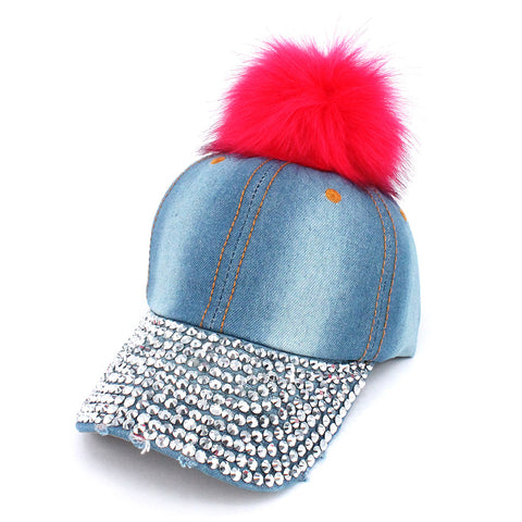 Nyfashion101 Faux Fur Pom Pom Vintage Rhinestone Bill Adjustable Baseball Cap Hat