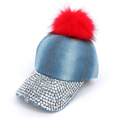 Nyfashion101 Faux Fur Pom Pom Vintage Rhinestone Bill Adjustable Baseball Cap Hat