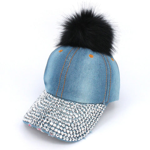 nyfashion101 Faux Fur Pom Pom Vintage Rhinestone Bill Adjustable Baseball Cap Hat
