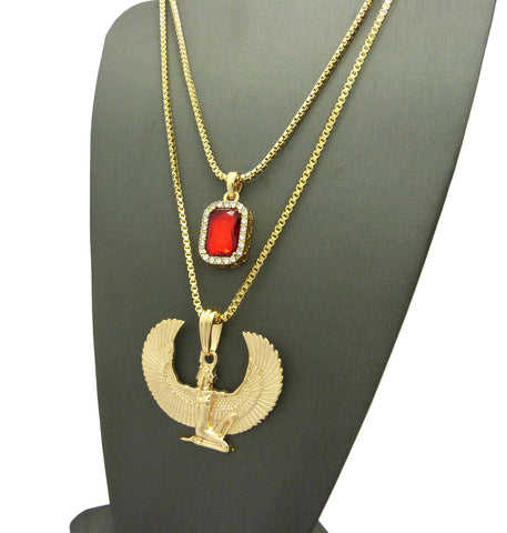 Nyfashion101 Faux Ruby Stone & Winged Kneeling Egyptian Goddess Maat Pendant Set W/ 2mm Box Chains In Gold-Tone