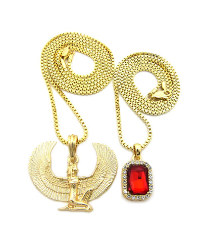 Nyfashion101 Faux Ruby Stone & Winged Kneeling Egyptian Goddess Maat Pendant Set W/ 2mm Box Chains In Gold-Tone