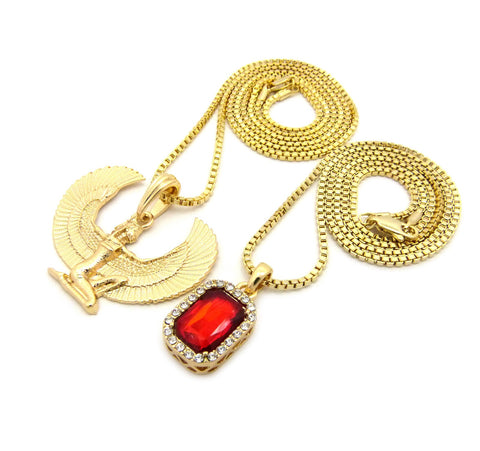 Nyfashion101 Faux Ruby Stone & Winged Kneeling Egyptian Goddess Maat Pendant Set W/ 2mm Box Chains In Gold-Tone