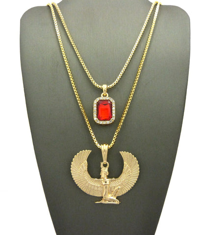 nyfashion101 Faux Ruby Stone & Winged Kneeling Egyptian Goddess Maat Pendant Set w/ 2mm Box Chains in Gold-Tone