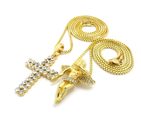 Nyfashion101 Floating Angel & 2 Row Stone Cross Pendant Set W/ 24" & 30" Box Chain Necklaces In Gold-Tone