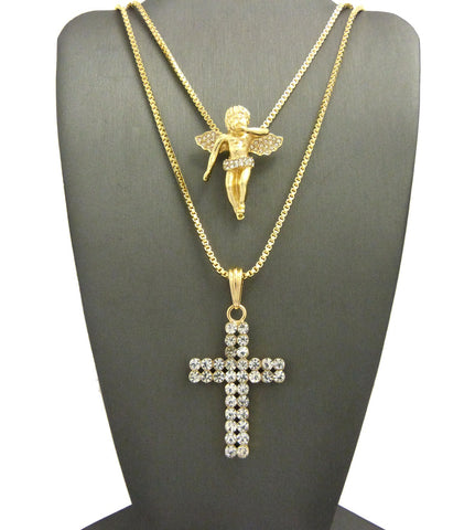 Nyfashion101 Floating Angel & 2 Row Stone Cross Pendant Set W/ 24" & 30" Box Chain Necklaces In Gold-Tone