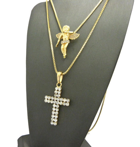 Nyfashion101 Floating Angel & 2 Row Stone Cross Pendant Set W/ 24" & 30" Box Chain Necklaces In Gold-Tone