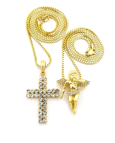 nyfashion101 Floating Angel & 2 Row Stone Cross Pendant Set w/ 24" & 30" Box Chain Necklaces in Gold-Tone