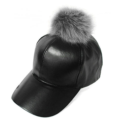 Nyfashion101 Fur Pom Pom Adjustable Snapback Faux Leather Precurved Baseball Cap
