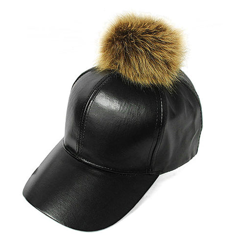 Nyfashion101 Fur Pom Pom Adjustable Snapback Faux Leather Precurved Baseball Cap