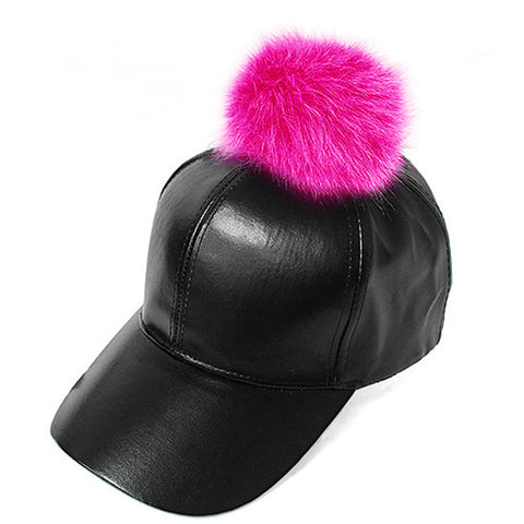 Nyfashion101 Fur Pom Pom Adjustable Snapback Faux Leather Precurved Baseball Cap