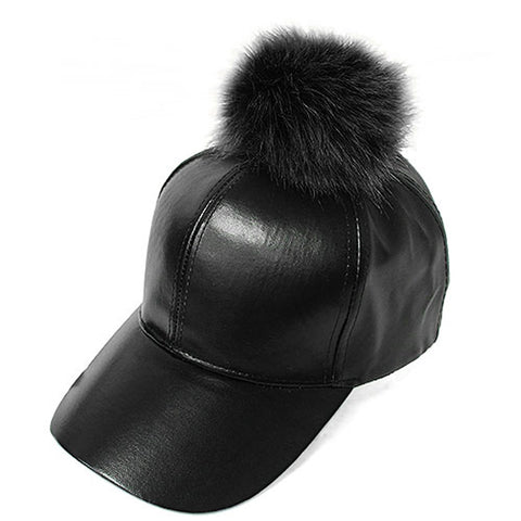 nyfashion101 Fur Pom Pom Adjustable Snapback Faux Leather Precurved Baseball Cap