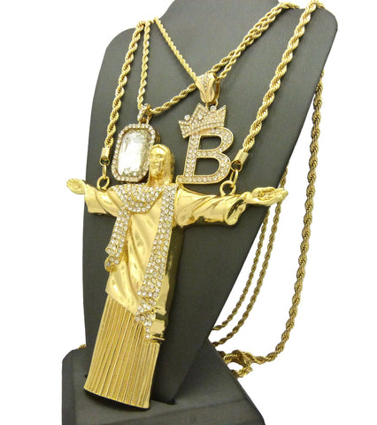 Nyfashion101 Gemstone Tilted Crown Initial B Christ The Redeemer Pendant Set W/ Rope Chains In Gold-Tone