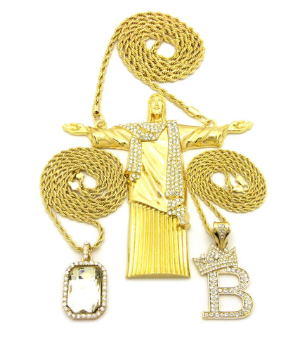 Nyfashion101 Gemstone Tilted Crown Initial B Christ The Redeemer Pendant Set W/ Rope Chains In Gold-Tone
