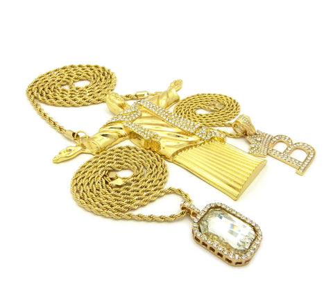 Nyfashion101 Gemstone Tilted Crown Initial B Christ The Redeemer Pendant Set W/ Rope Chains In Gold-Tone