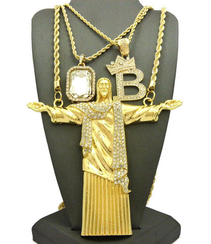 nyfashion101 Gemstone Tilted Crown Initial B Christ the Redeemer Pendant Set w/ Rope Chains in Gold-Tone