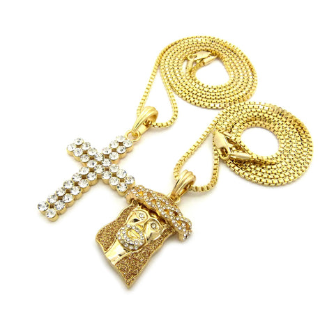 Nyfashion101 Gold-Tone Dusted Jesus Face & 2 Row Stone Cross Pendant Set W/ 24" & 30" Box Chain Necklaces In Gold-Tone