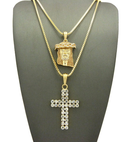 Nyfashion101 Gold-Tone Dusted Jesus Face & 2 Row Stone Cross Pendant Set W/ 24" & 30" Box Chain Necklaces In Gold-Tone