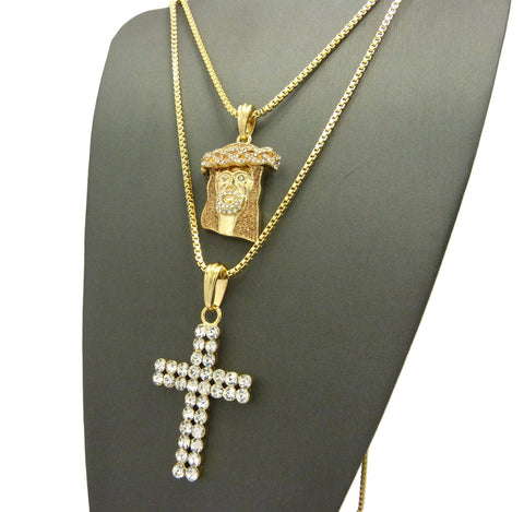 Nyfashion101 Gold-Tone Dusted Jesus Face & 2 Row Stone Cross Pendant Set W/ 24" & 30" Box Chain Necklaces In Gold-Tone