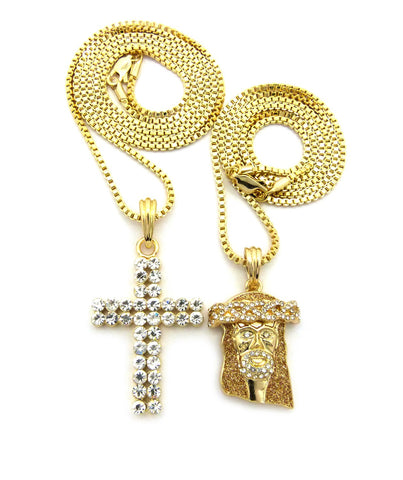 nyfashion101 Gold-Tone Dusted Jesus Face & 2 Row Stone Cross Pendant Set w/ 24" & 30" Box Chain Necklaces in Gold-Tone