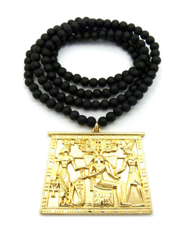Nyfashion101 Gold-Tone Egyptian Hieroglyphic Tablet With 6mm 30" Wood Bead Necklace