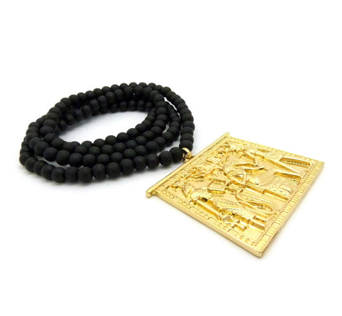 Nyfashion101 Gold-Tone Egyptian Hieroglyphic Tablet With 6mm 30" Wood Bead Necklace