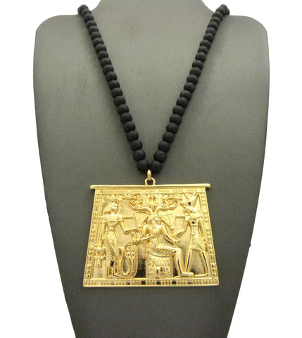 nyfashion101 Gold-Tone Egyptian Hieroglyphic Tablet with 6mm 30" Wood Bead Necklace