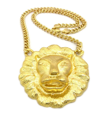 Nyfashion101 Gold-Tone Smooth Mane Lion Head Pendant W/ 10mm 30" Cuban Chain Necklace