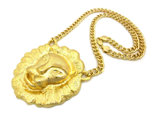 Nyfashion101 Gold-Tone Smooth Mane Lion Head Pendant W/ 10mm 30" Cuban Chain Necklace