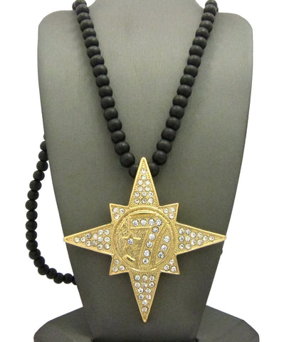 Nyfashion101 Gold-Tone Stone Stud 5 Percenter Star Pendant With 8mm 33" Wood Bead Necklace