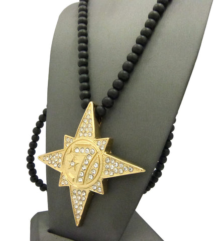 Nyfashion101 Gold-Tone Stone Stud 5 Percenter Star Pendant With 8mm 33" Wood Bead Necklace