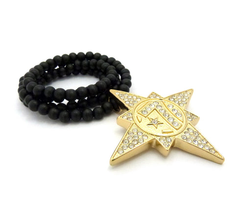 Nyfashion101 Gold-Tone Stone Stud 5 Percenter Star Pendant With 8mm 33" Wood Bead Necklace