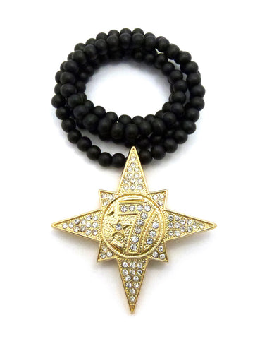 nyfashion101 Gold-Tone Stone Stud 5 Percenter Star Pendant with 8mm 33" Wood Bead Necklace