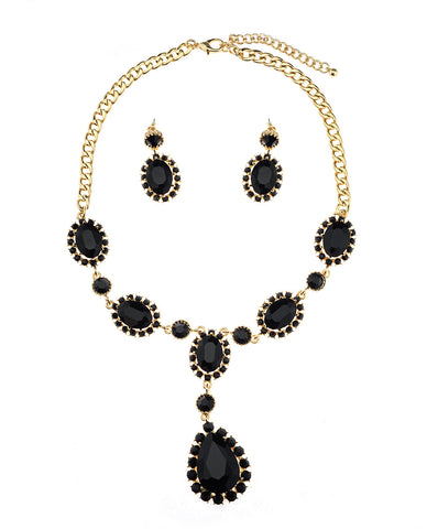 Nyfashion101 Hanging Encircled Teardrop Black Stone And Dangling Earrings Set In Gold-Tone