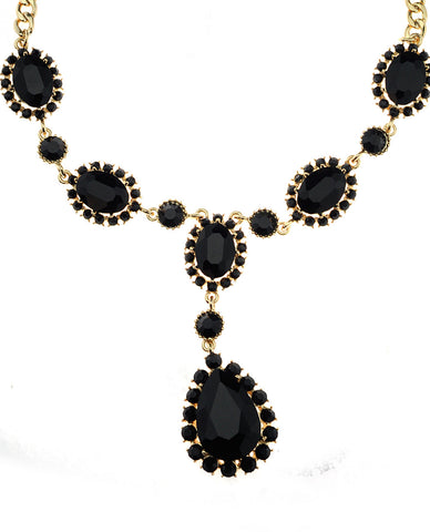 Nyfashion101 Hanging Encircled Teardrop Black Stone And Dangling Earrings Set In Gold-Tone