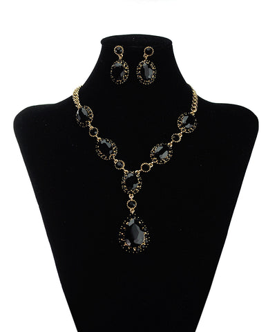 nyfashion101 Hanging Encircled Teardrop Black Stone and Dangling Earrings Set in Gold-Tone