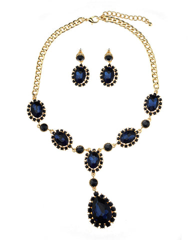 Nyfashion101 Hanging Encircled Teardrop Navy Stone And Dangling Earrings Set In Gold-Tone