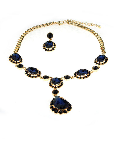 Nyfashion101 Hanging Encircled Teardrop Navy Stone And Dangling Earrings Set In Gold-Tone