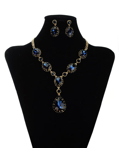nyfashion101 Hanging Encircled Teardrop Navy Stone and Dangling Earrings Set in Gold-Tone