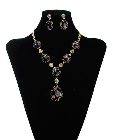 nyfashion101 Hanging Encircled Teardrop Purple Stone and Dangling Earrings Set in Gold-Tone