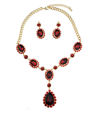 Nyfashion101 Hanging Encircled Teardrop Red Stone And Dangling Earrings Set In Gold-Tone