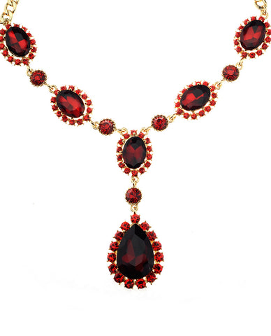 Nyfashion101 Hanging Encircled Teardrop Red Stone And Dangling Earrings Set In Gold-Tone